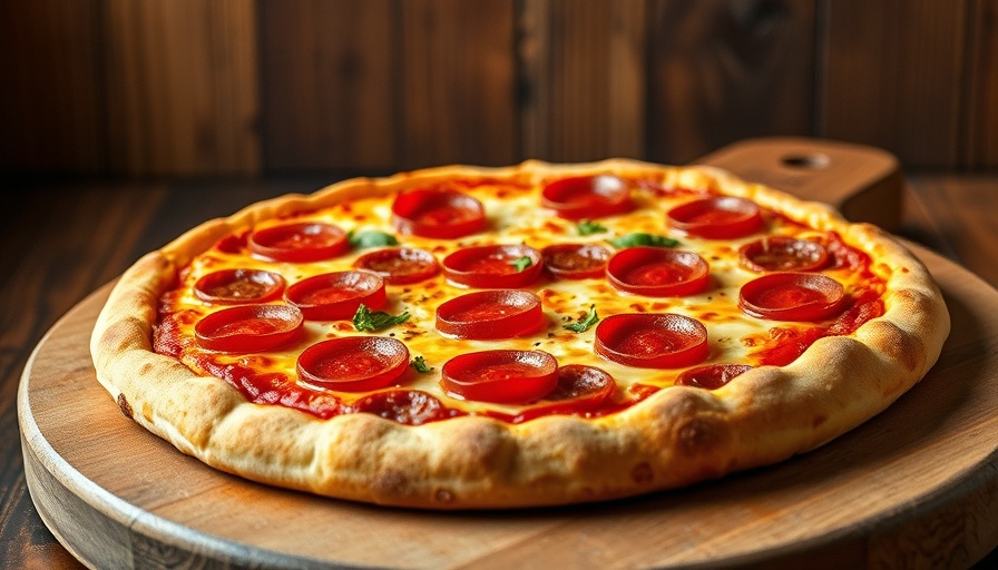 Grilling frozen pizza with pepperoni on wood board.