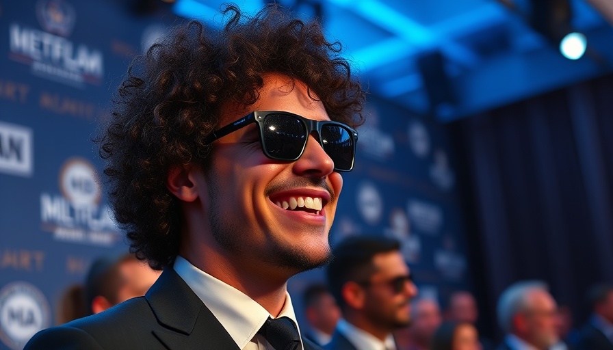 Smiling man in sunglasses at award ceremony backdrop.