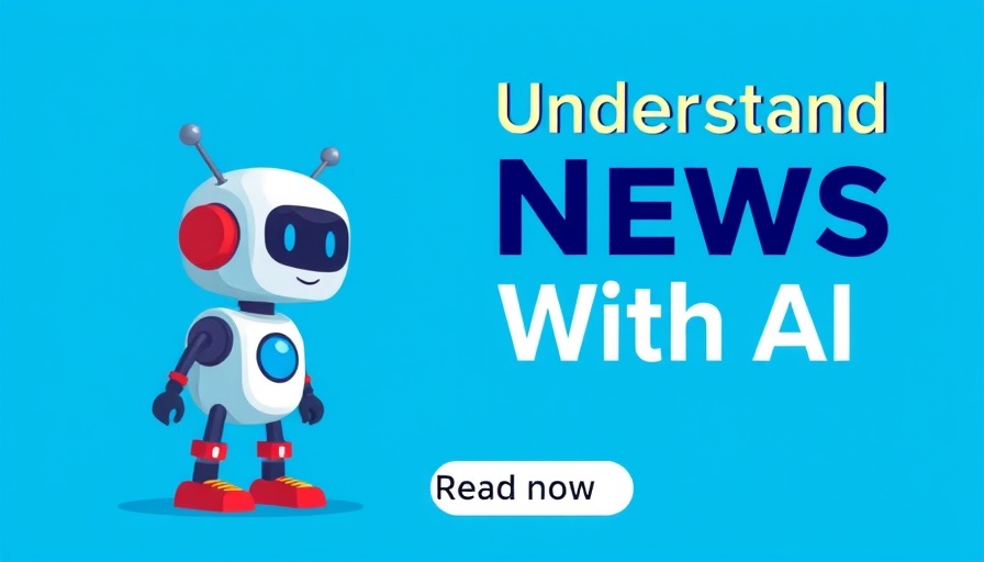 AI news understanding ad with robot icon and blue background.