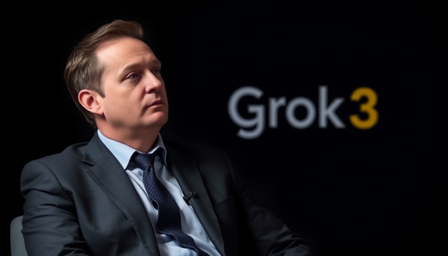 Businessman with Grok 3 logo in a dark themed setting.