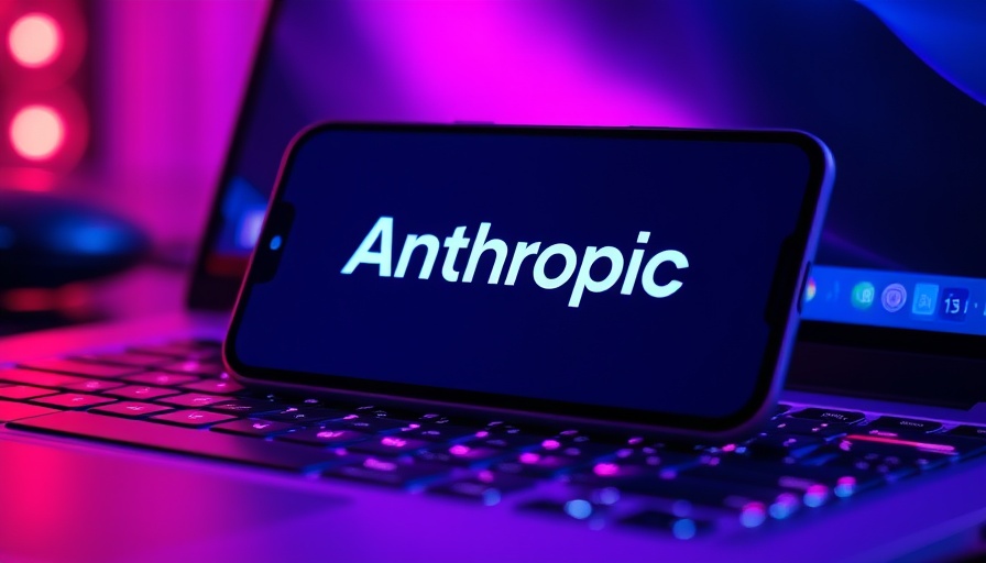 Smartphone displaying 'Anthropic' on a keyboard, purple lighting.