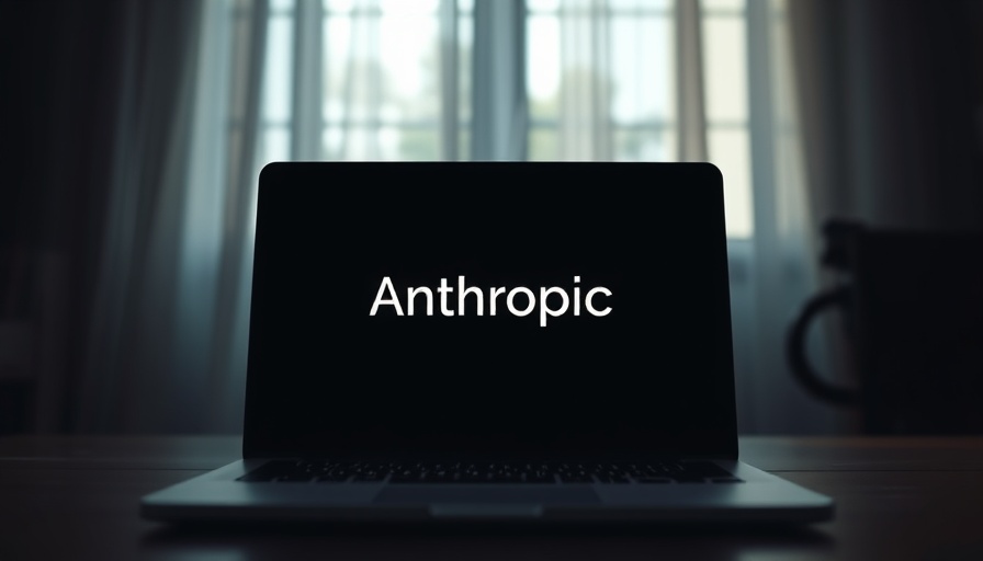Minimalistic laptop display with 'Anthropic' on screen, dimly lit room.