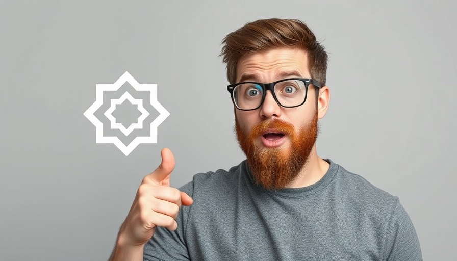 Surprised man pointing at abstract logo, related to perplexity ai.