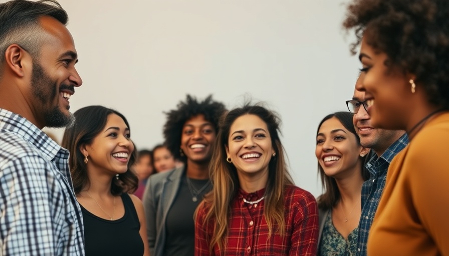 Diverse group of people interacting and smiling indoors.