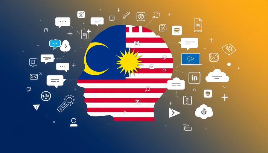 Hybrid independence Malaysia concept with digital symbols in flag silhouette.