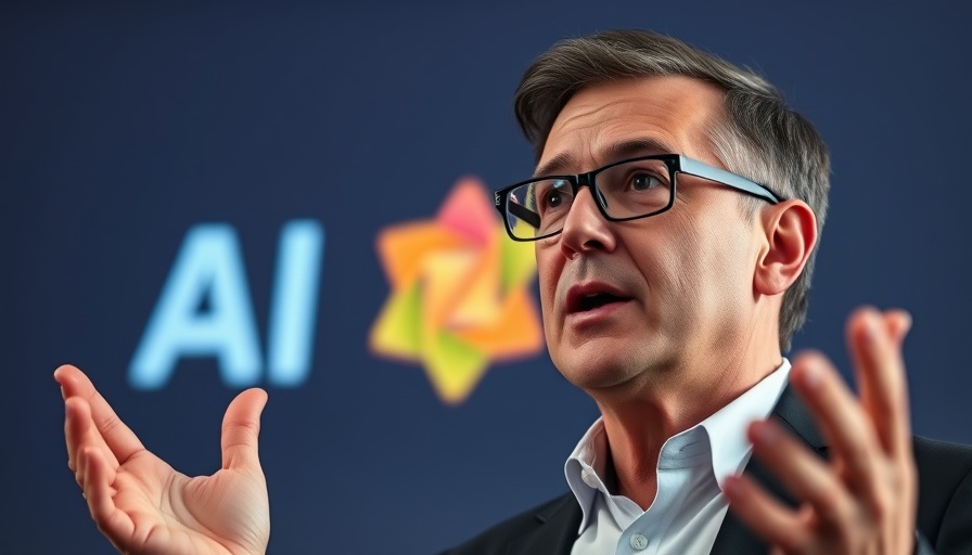 Presenter discussing Microsoft AI with vibrant logo in background.