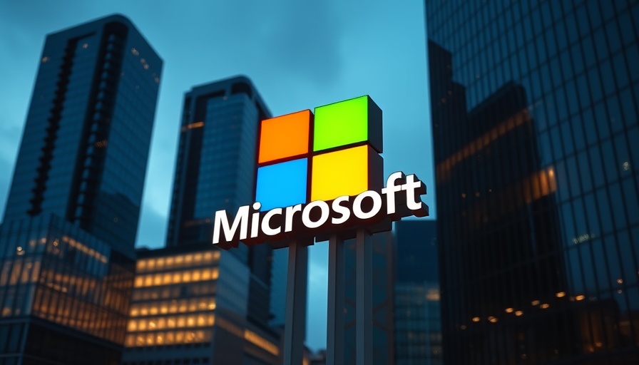 Microsoft logo illuminated at dusk, office building in background, microsoft ai