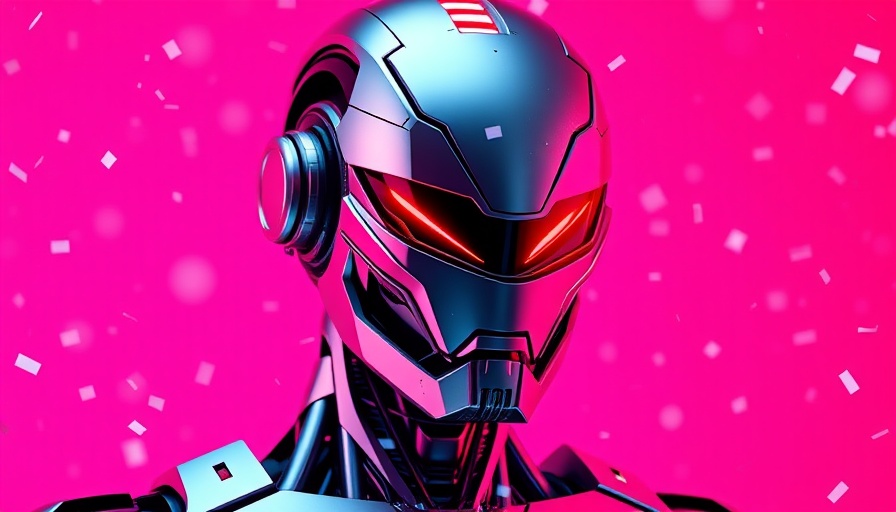 Futuristic robot with glowing red visor in neon pink setting.