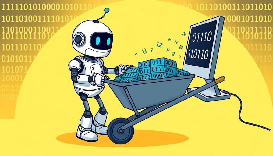 Humorous cartoon robot with data wheelbarrow, conveying perplexity AI.