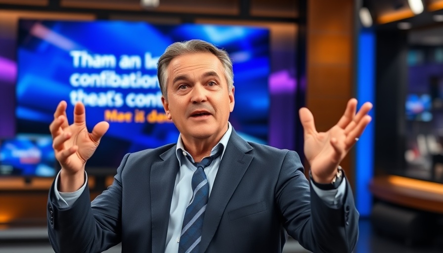 Middle-aged man discussing growth stocks like Nvidia on a TV show.