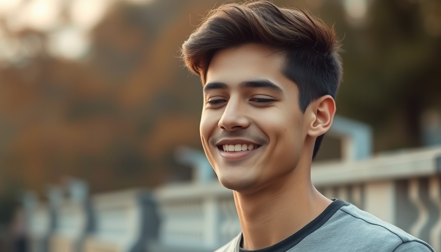 Young man smiling softly outdoors, representing AI mental health safety.