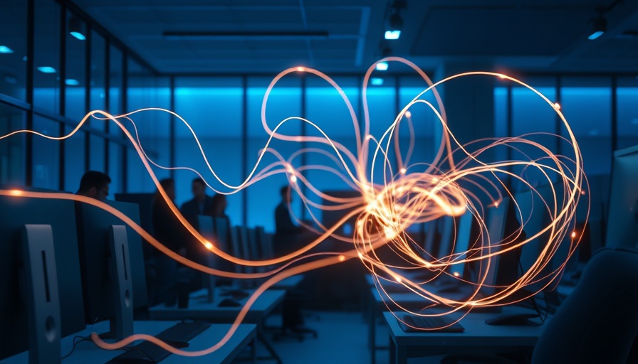 Agentic AI represented by digital tendrils in a dark office.