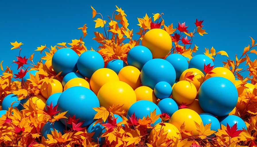 Abstract foliage and spheres create vivid contrast.