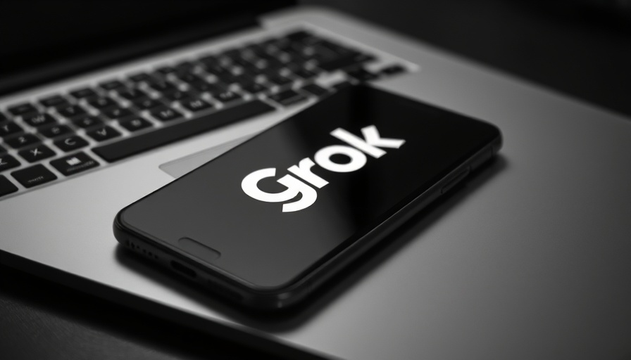 Smartphone showing Grok logo on laptop keyboard.