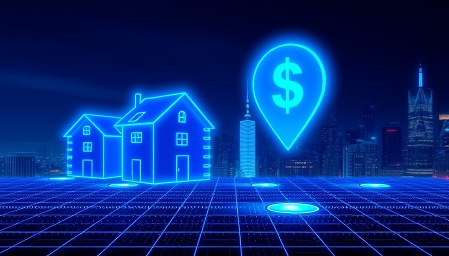 Smart home technology for seniors represented by futuristic house icons and cityscape.