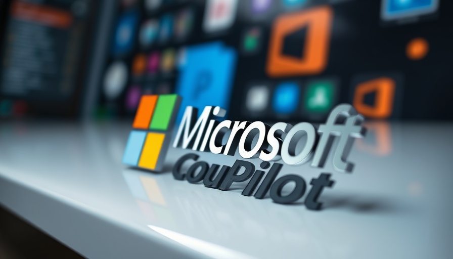 Microsoft AI Copilot logo with abstract background and office icons.