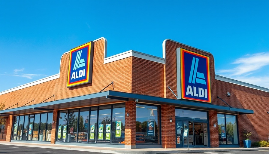 Aldi storefront with bright signage under a clear blue sky.