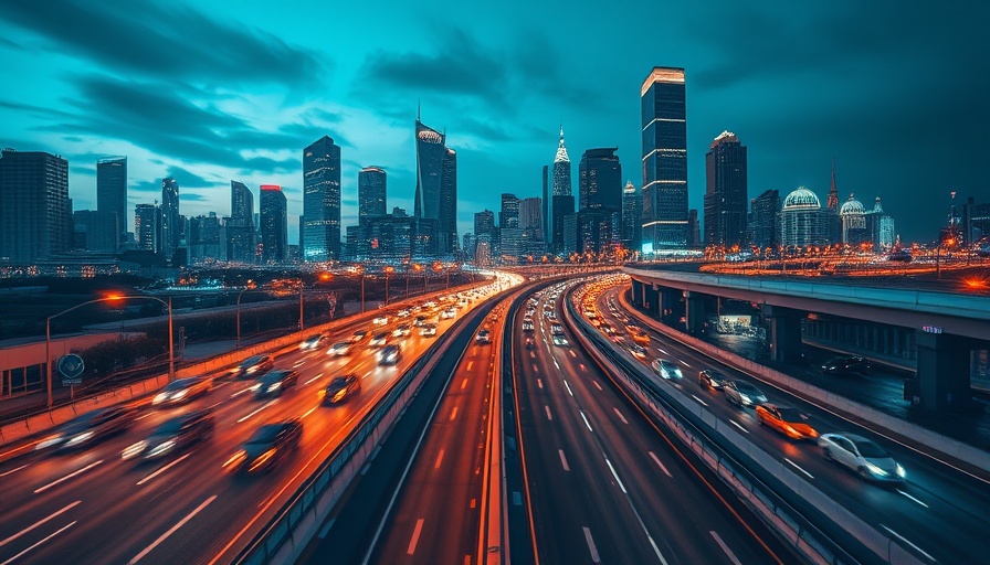 Advanced AI fleet management on a busy highway at night.