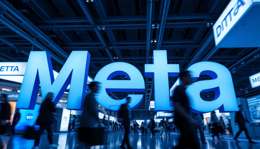 Meta logo sign at tech event, blurred crowd movement.