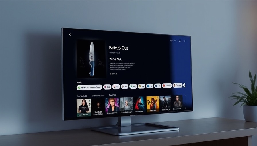 Digital interface showing 'Knives Out' poster with ratings and Microsoft AI design elements.