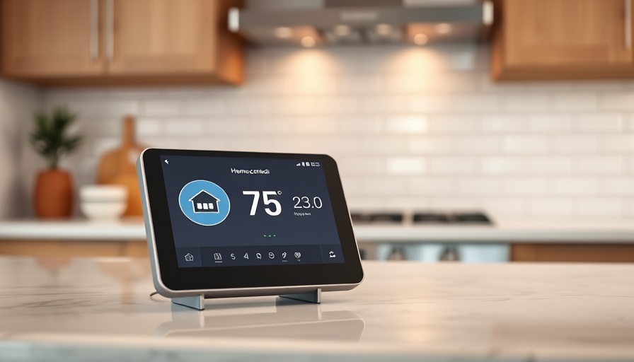Smart home display with control interface on kitchen counter.