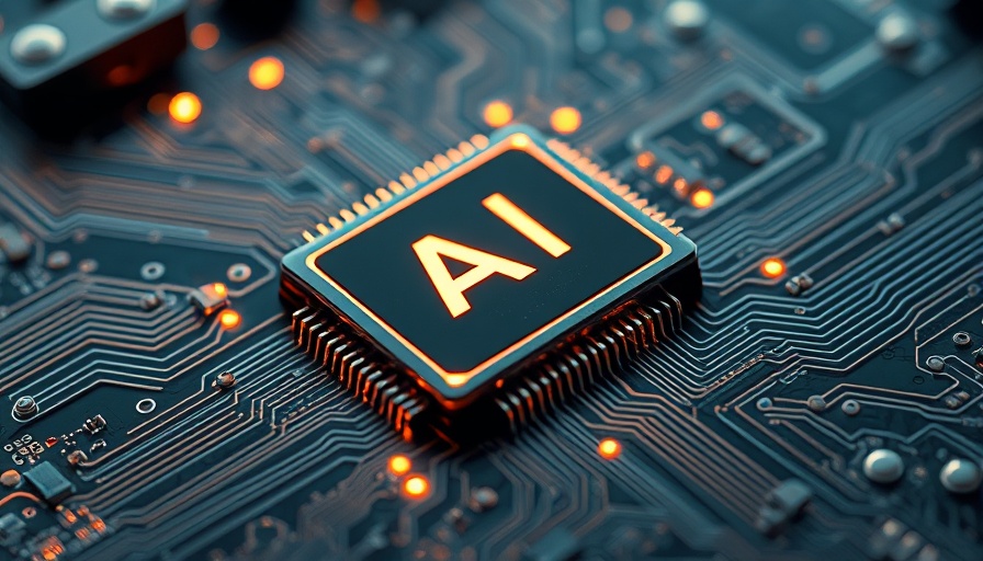 Futuristic AI semiconductor chip glowing on a circuit board.