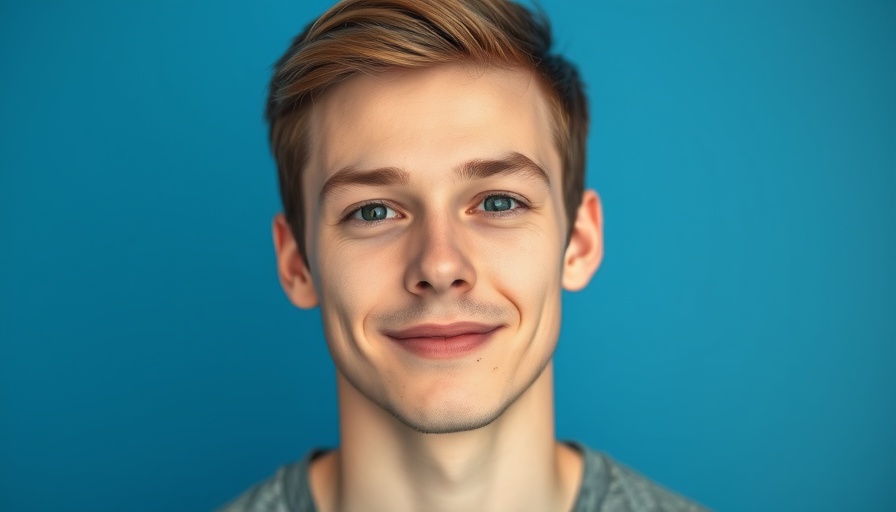 Portrait of a young man with a slight smile against a blue background, Open AI