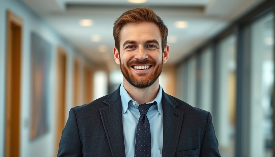 Smiling man in a suit in an office corridor, Open AI connection.
