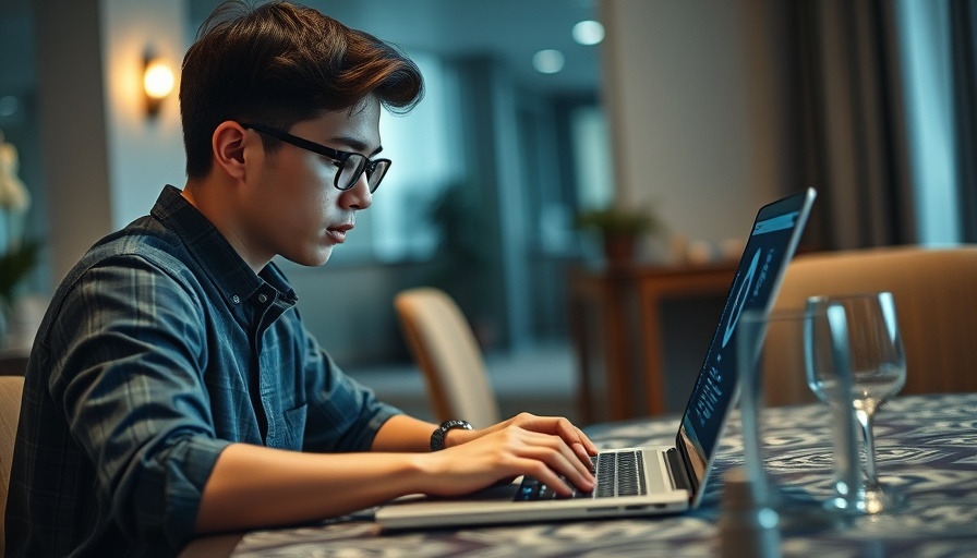 Young man working on AI agents software interface on a laptop.