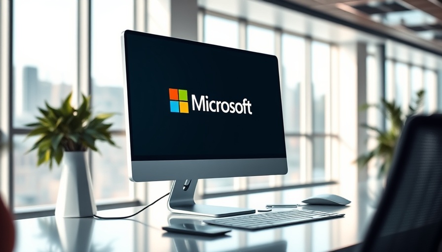 Modern office computer with Microsoft logo, minimalistic design, Microsoft AI.