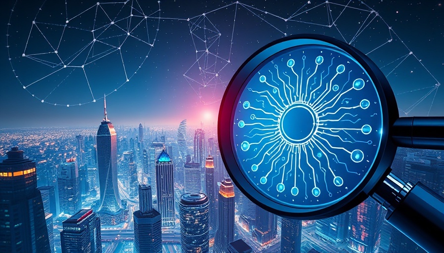 Futuristic AI technology visualization with data charts and neural networks in a sci-fi cityscape.