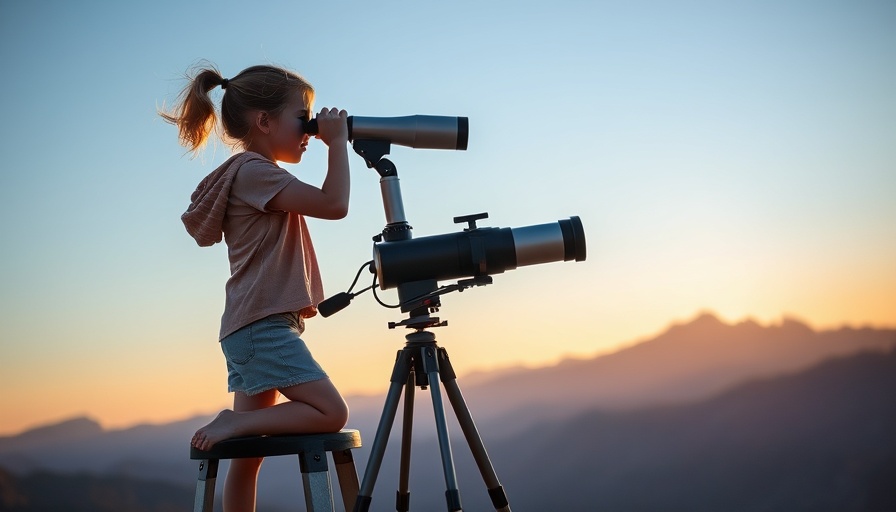 Girl with telescope on stool under sunset, mountain view.