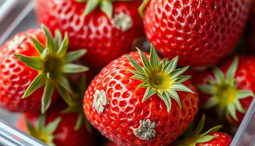 Close-up of moldy strawberries in a container, eating moldy berries safely.