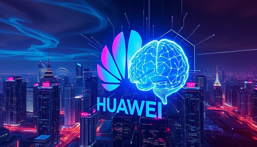 Huawei AI news: Digital brain and logo over city skyline.
