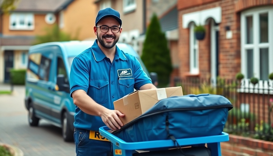 Delivery worker with packages in a suburban setting.