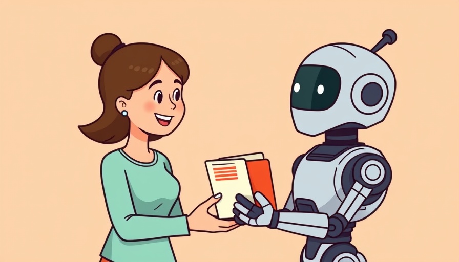 Cartoon woman exchanging files with a robot in a digital interaction, Claude AI.