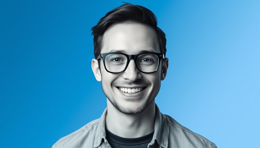 Two men in monochrome with a blue gradient background depicting AI collaboration.