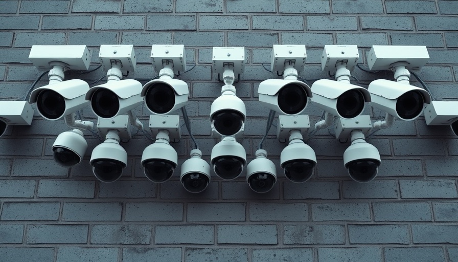 Pattern of security cameras on brick wall symbolizing surveillance and AI.