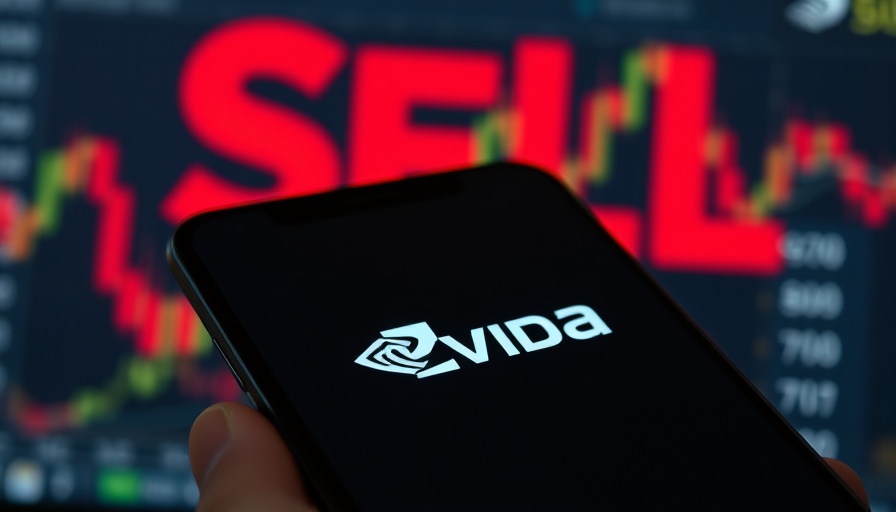 Nvidia logo on phone with blurred 'SELL' background, suggesting stock crash.