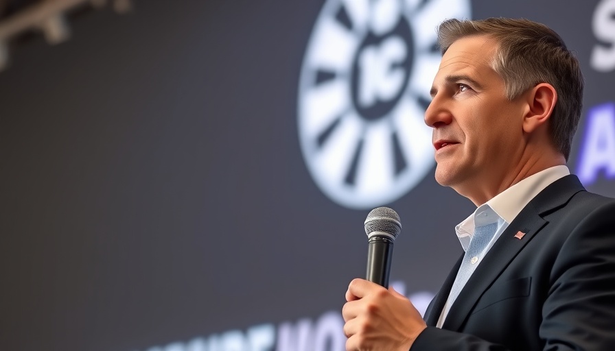 Confident man speaking at a professional event with a company logo.