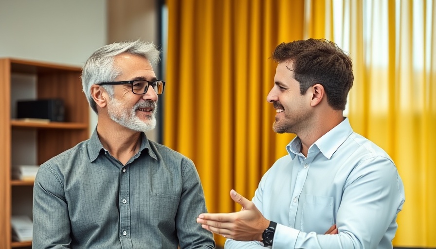 Claude AI discussion with two men in modern office