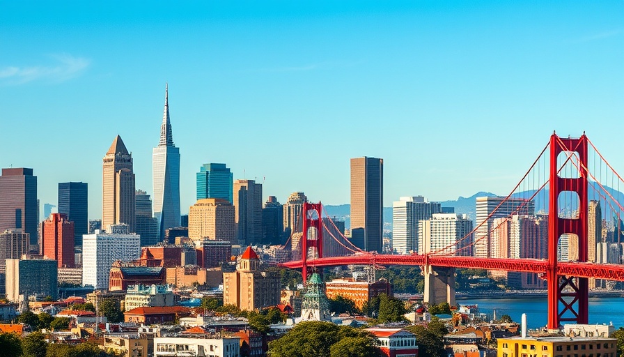 Vibrant San Francisco skyline with iconic buildings and bridges.