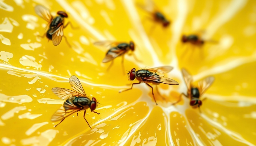 Fruit flies on lemon slice, illustrating how to get rid of fruit flies.