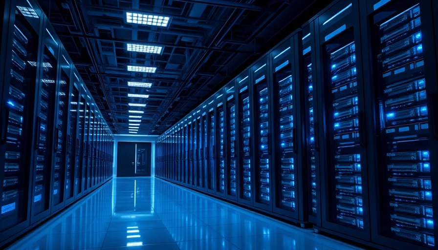 Modern data center with blue-lit server racks, symbolizing America’s AI Action Plan.