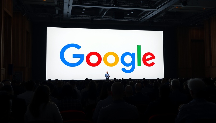 Conference room with Google logo on screen, audience silhouettes.