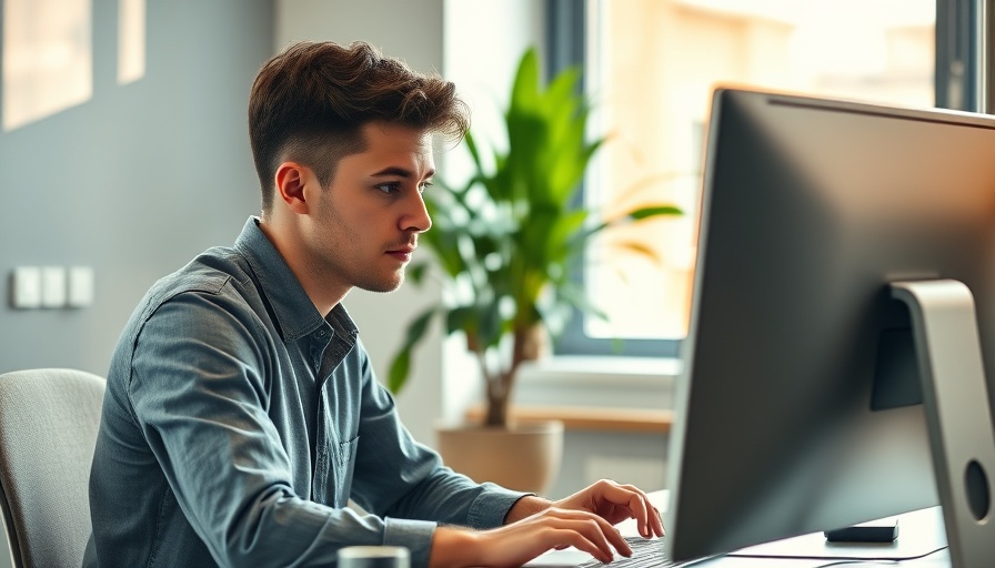 Young man working on computer in an office, focused expression.