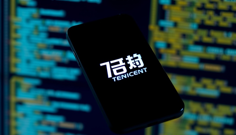 Tencent logo on phone against code background, China AI agentic frameworks.