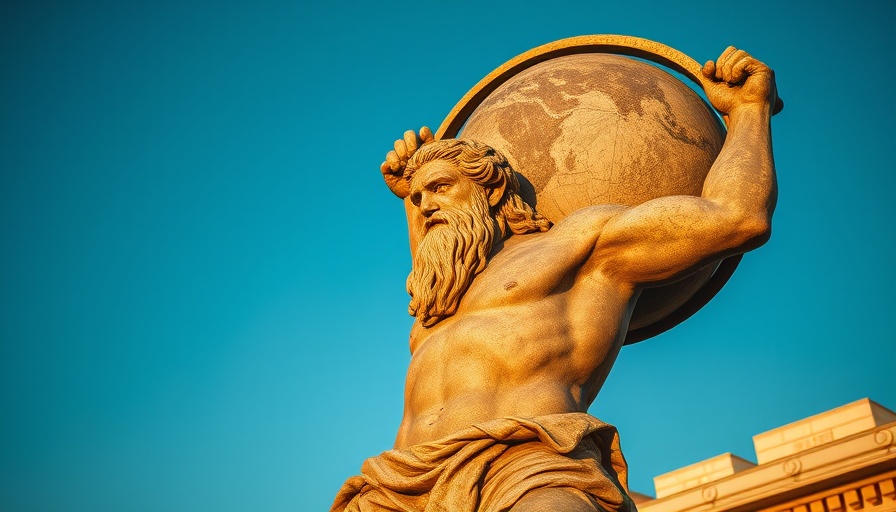 Atlas stone statue carrying globe at sunset under blue sky.