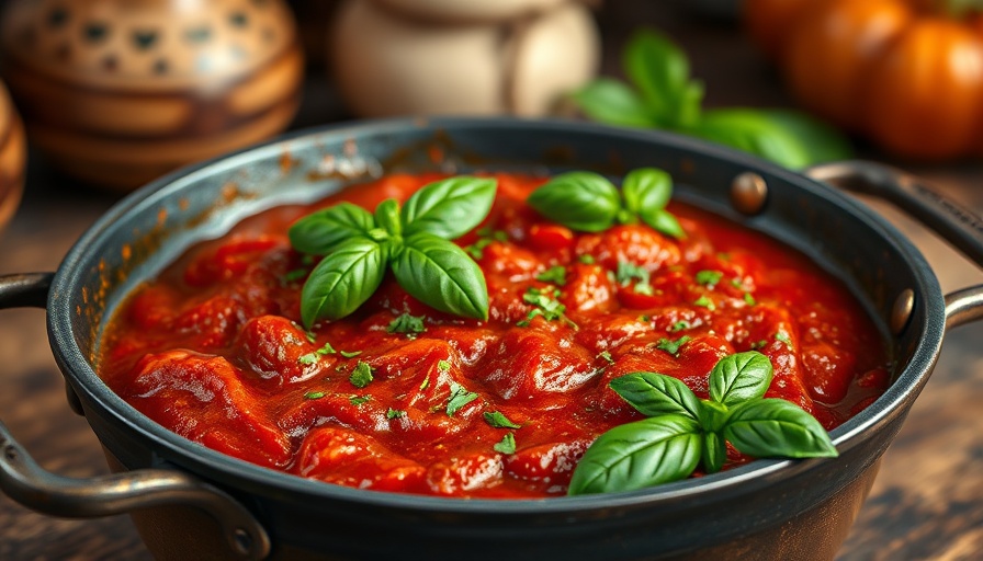 Vibrant easy marinara sauce with basil, rustic setting.