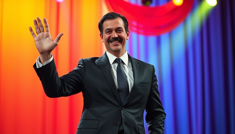 Man in formal suit waving on a colorful stage, cinematic photo.